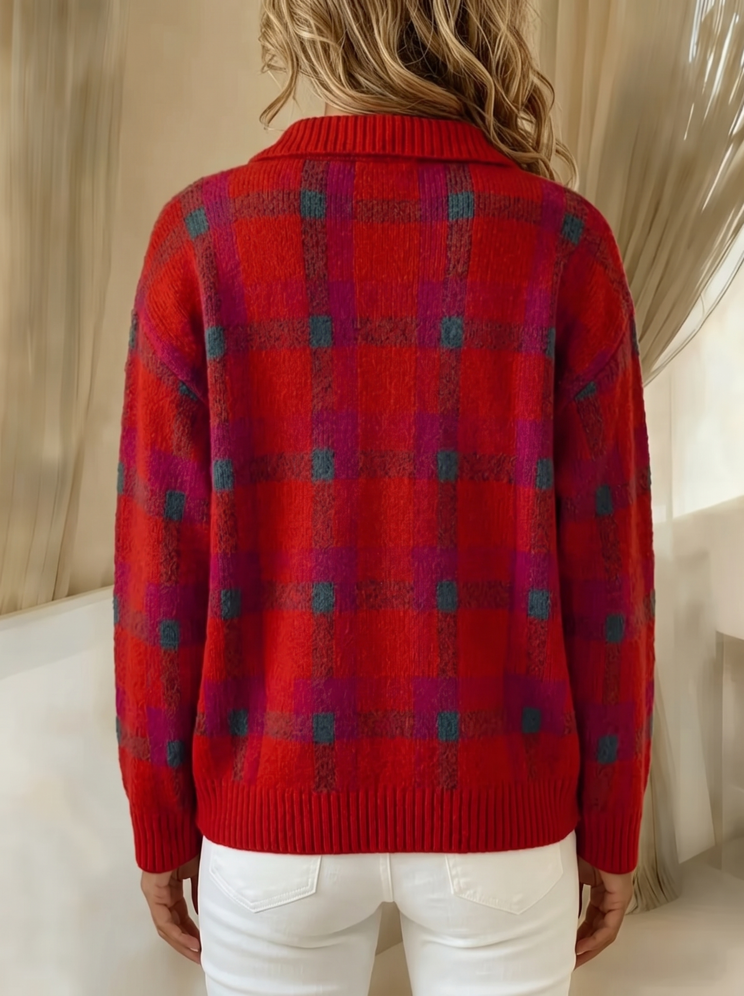 Ethel plaid cardigan in red, back view showing the plaid continuing across the back