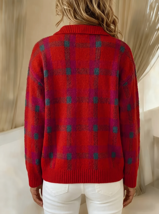 Ethel plaid cardigan in red, back view showing the plaid continuing across the back