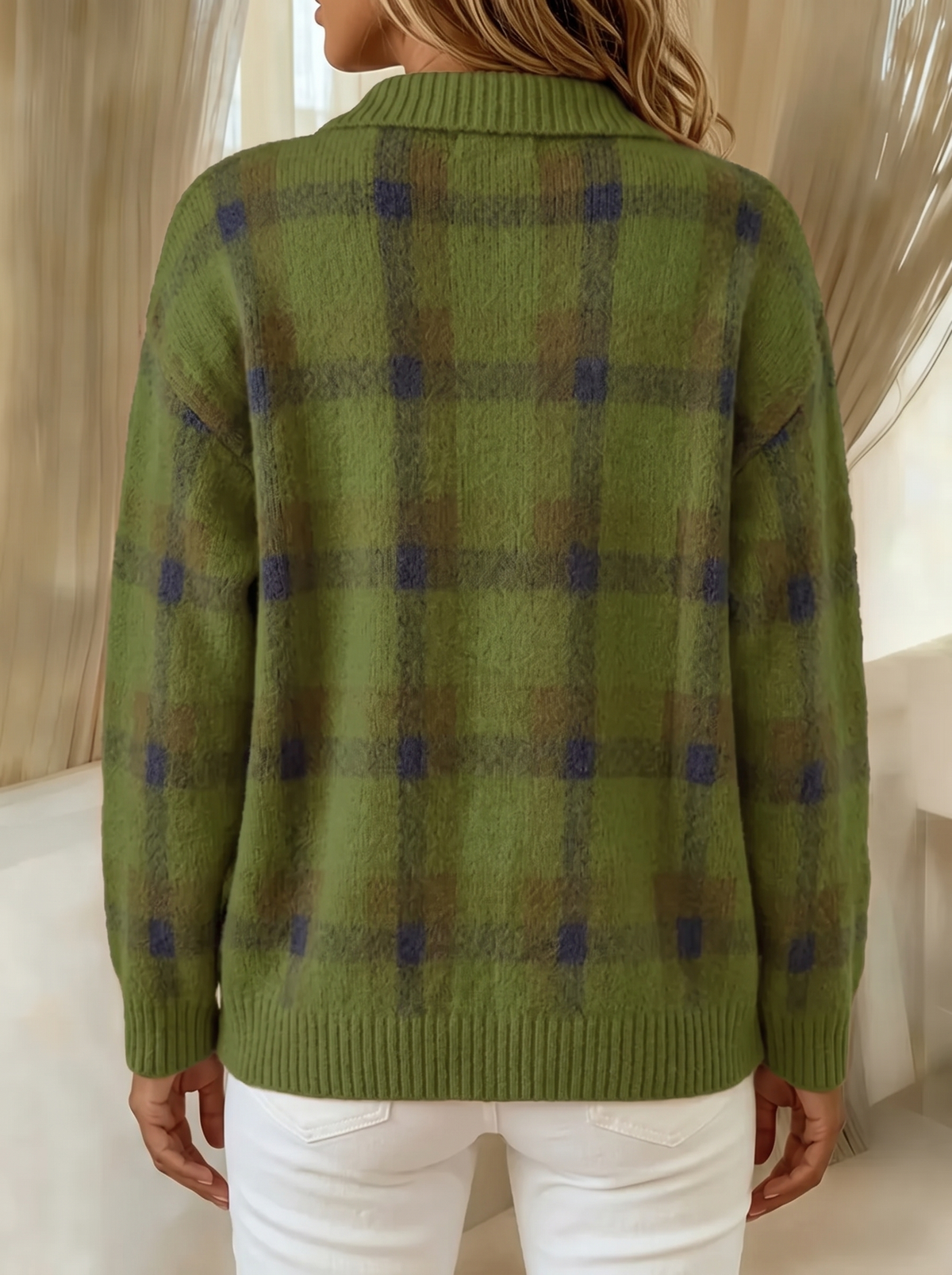 Goldie plaid cardigan in olive green, back view showing the plaid continuing across the back