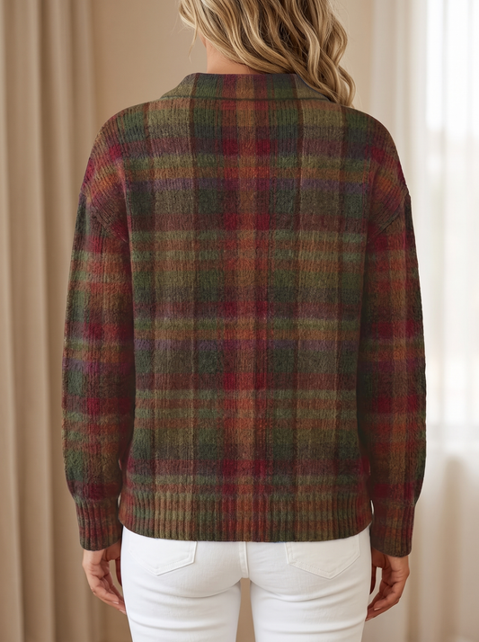Cornelia plaid cardigan in burgundy, back view showing the plaid continuing across the back