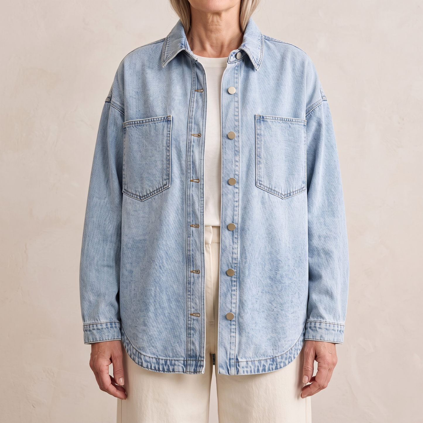 Bess oversized washed denim jacket in Sky Blue with brass buttons