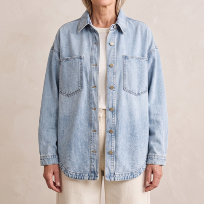 Bess oversized washed denim jacket in Sky Blue with brass buttons