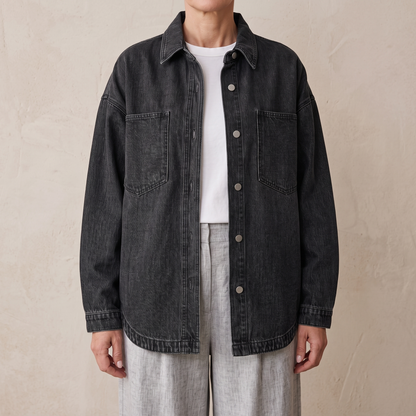 Bess oversized washed denim jacket in Black, worn open over a white top