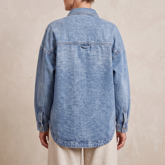 Back view of the Bess denim jacket showing the back yoke, hanging loop and curved shirt-tail hem