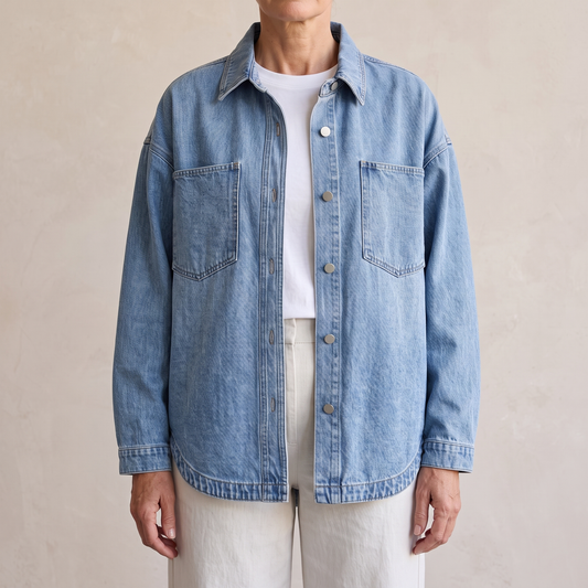 Bess oversized washed denim jacket in Light Blue, worn open over a white top and light wide-leg trousers