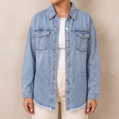 Dottie raw hem denim jacket in light blue, worn open over a white top