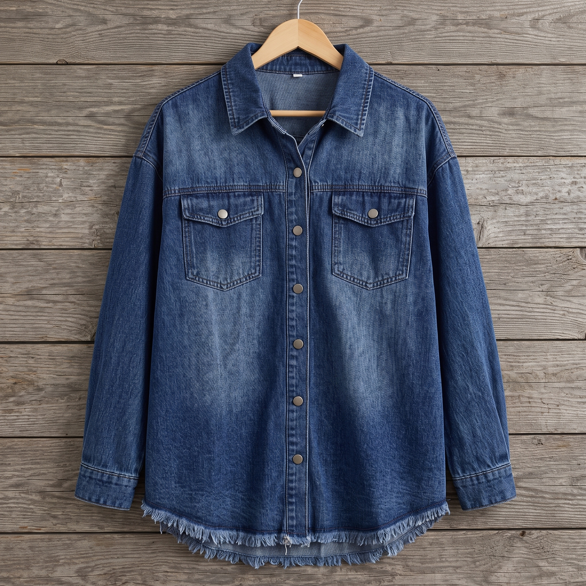 Dottie raw hem denim jacket in dark blue, shown on a wooden hanger against a weathered wood plank wall