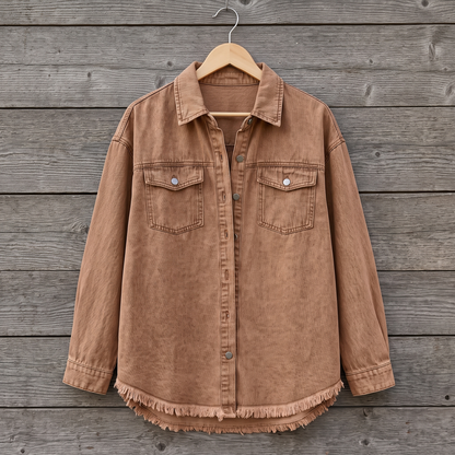 Dottie raw hem denim jacket in brown, shown on a wooden hanger against a weathered wood plank wall