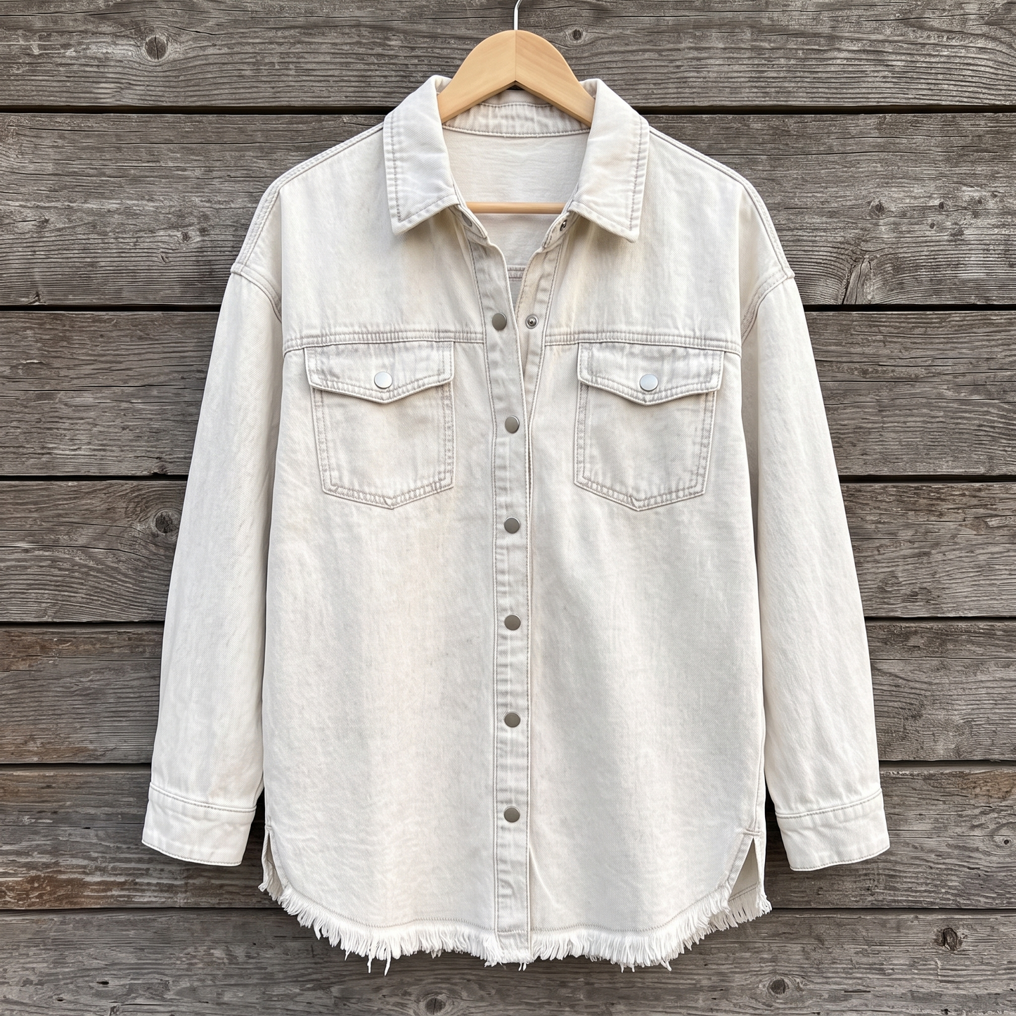 Dottie raw hem denim jacket in white, shown on a wooden hanger against a weathered wood plank wall