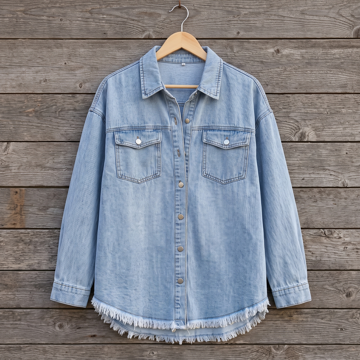 Dottie raw hem denim jacket in light blue, shown on a wooden hanger against a weathered wood plank wall
