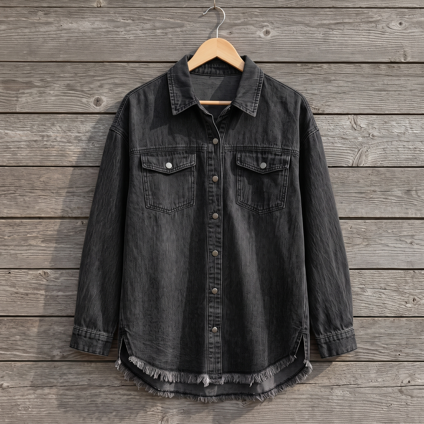 Dottie raw hem denim jacket in black, shown on a wooden hanger against a weathered wood plank wall