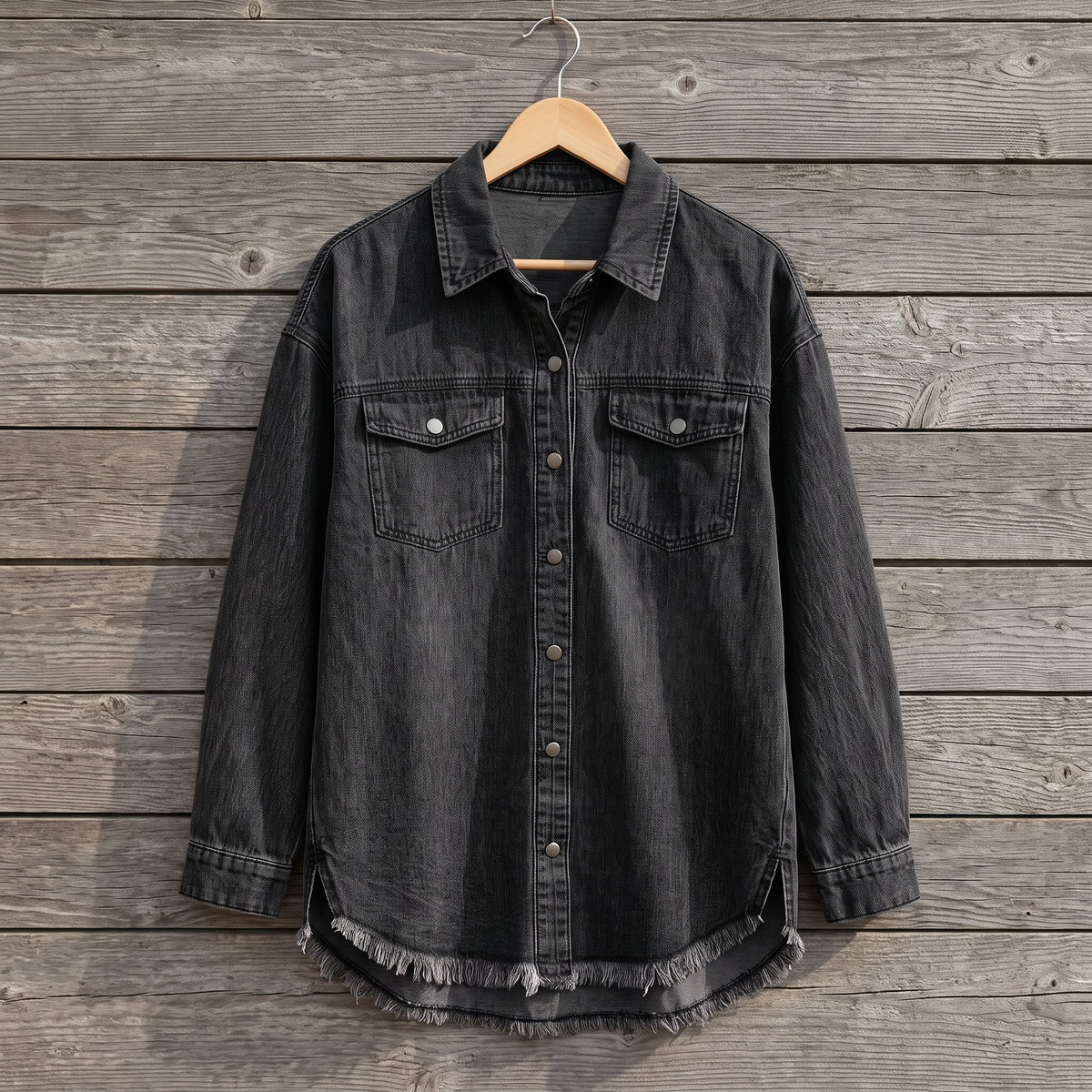 Dottie raw hem denim jacket in black, shown on a wooden hanger against a weathered wood plank wall
