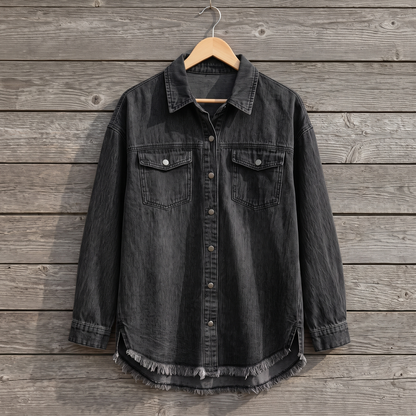 Dottie raw hem denim jacket in black, shown on a wooden hanger against a weathered wood plank wall
