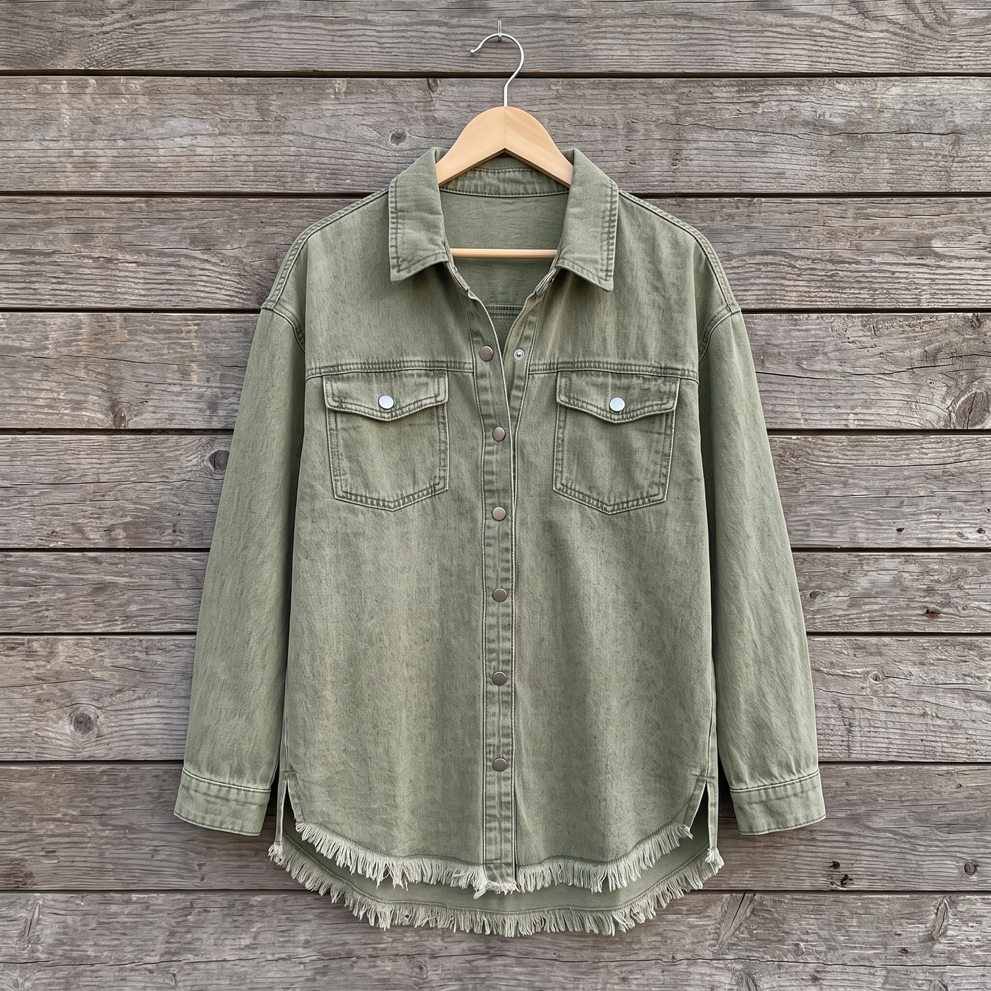 Dottie raw hem denim jacket in olive green, shown on a wooden hanger against a weathered wood plank wall