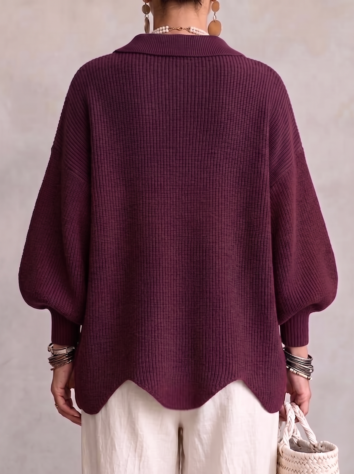 Lavinia cardigan in burgundy, back view showing the lantern sleeves