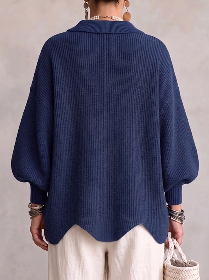 Lavinia cardigan in navy, back view showing the scalloped hem