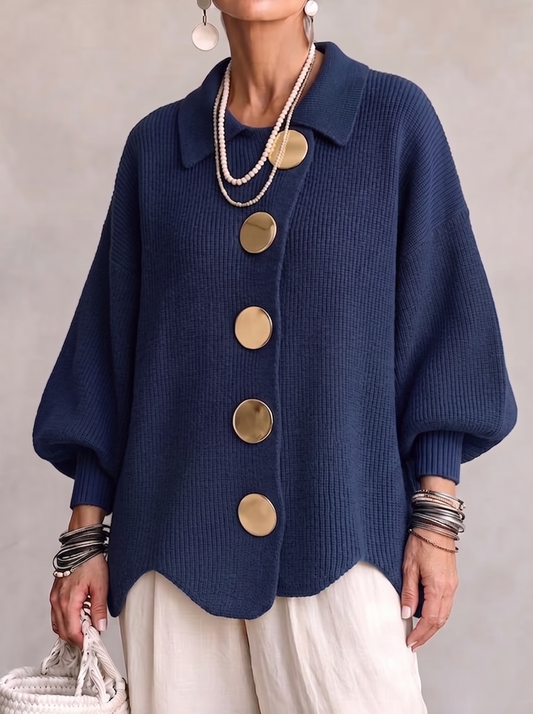 Lavinia oversized collared cardigan in navy, front view with angled gold-tone buttons