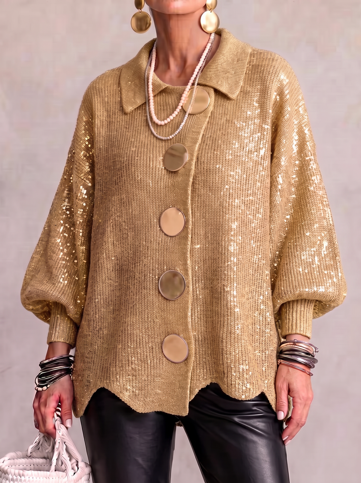 Lavinia sequin cardigan in gold, front view worn over black leather trousers