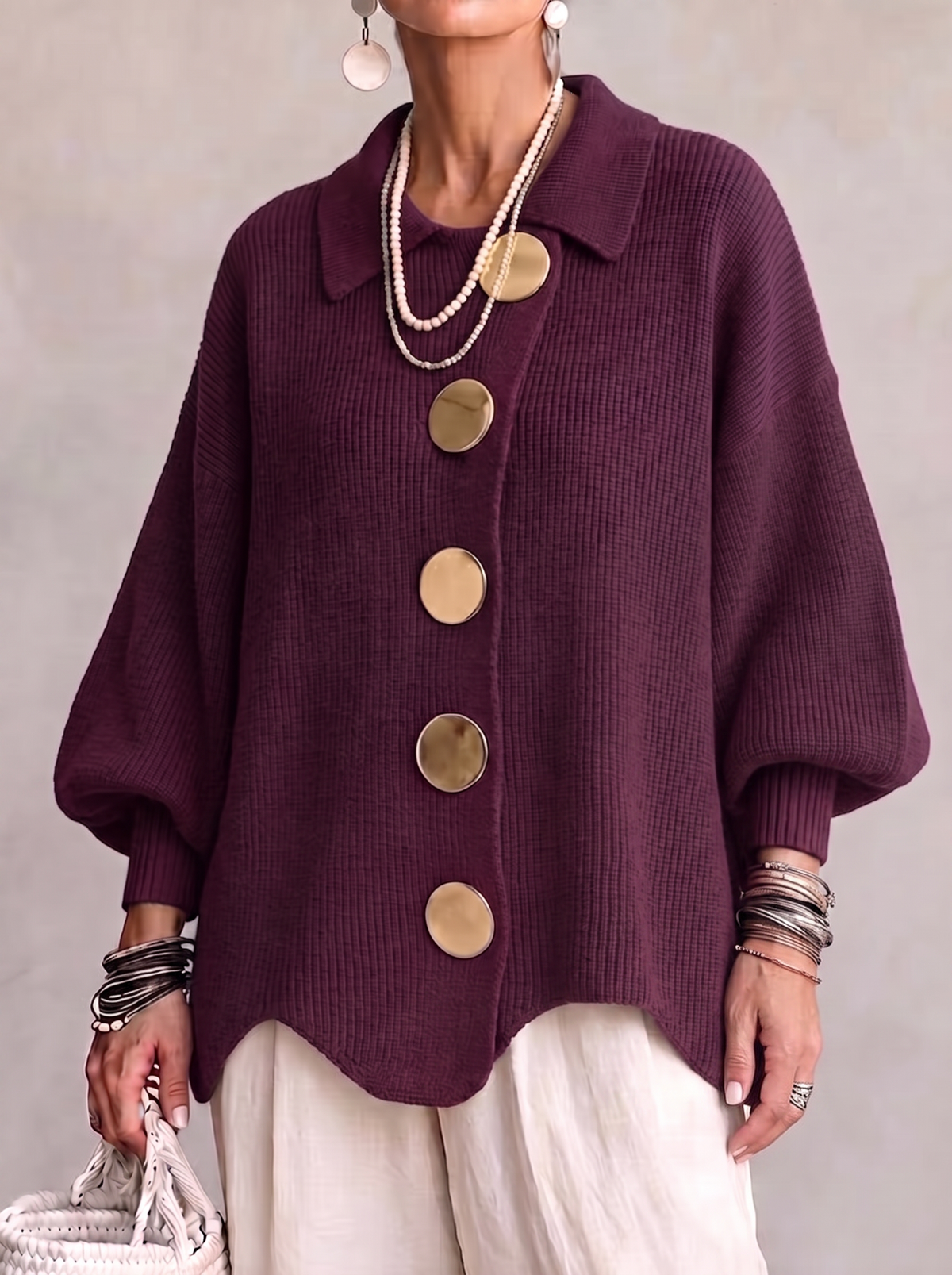 Lavinia oversized collared cardigan in burgundy, front view