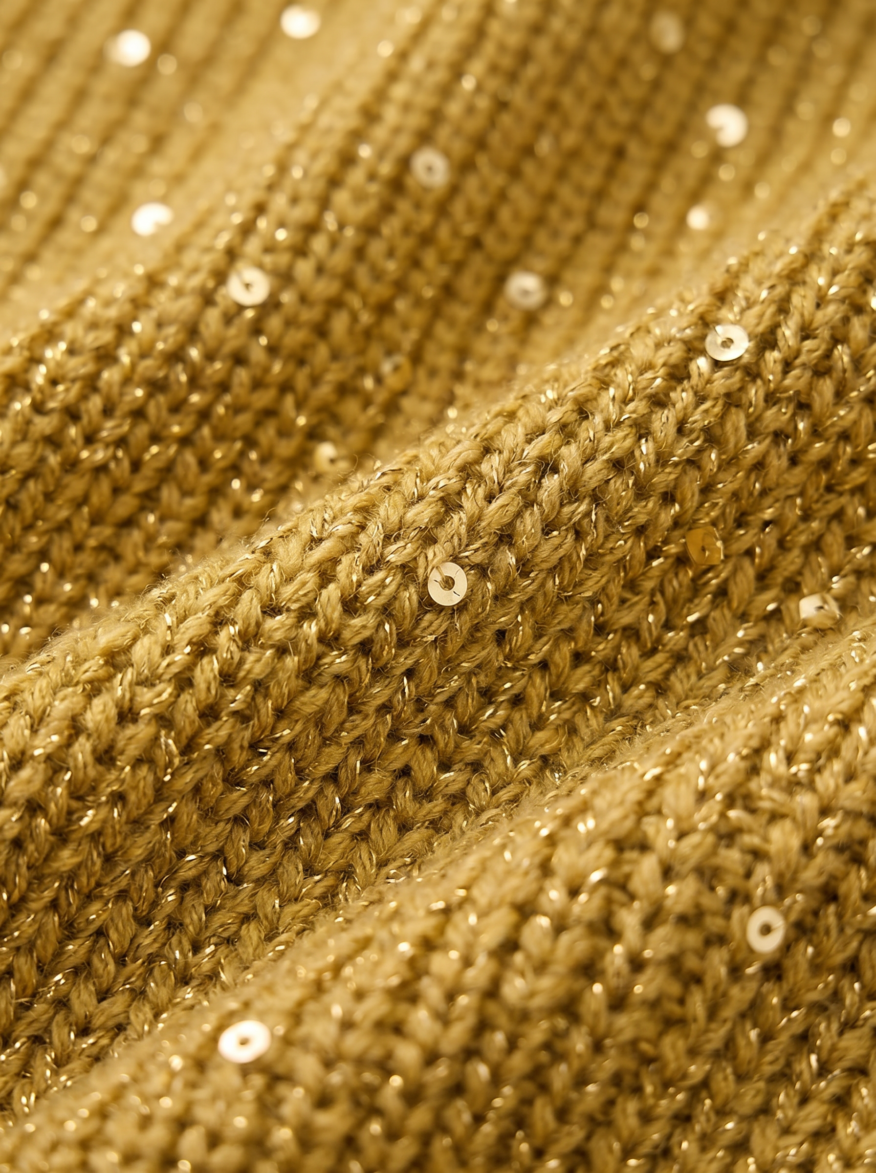 Close view of the chunky ribbed knit with fine sequins on the gold colorway