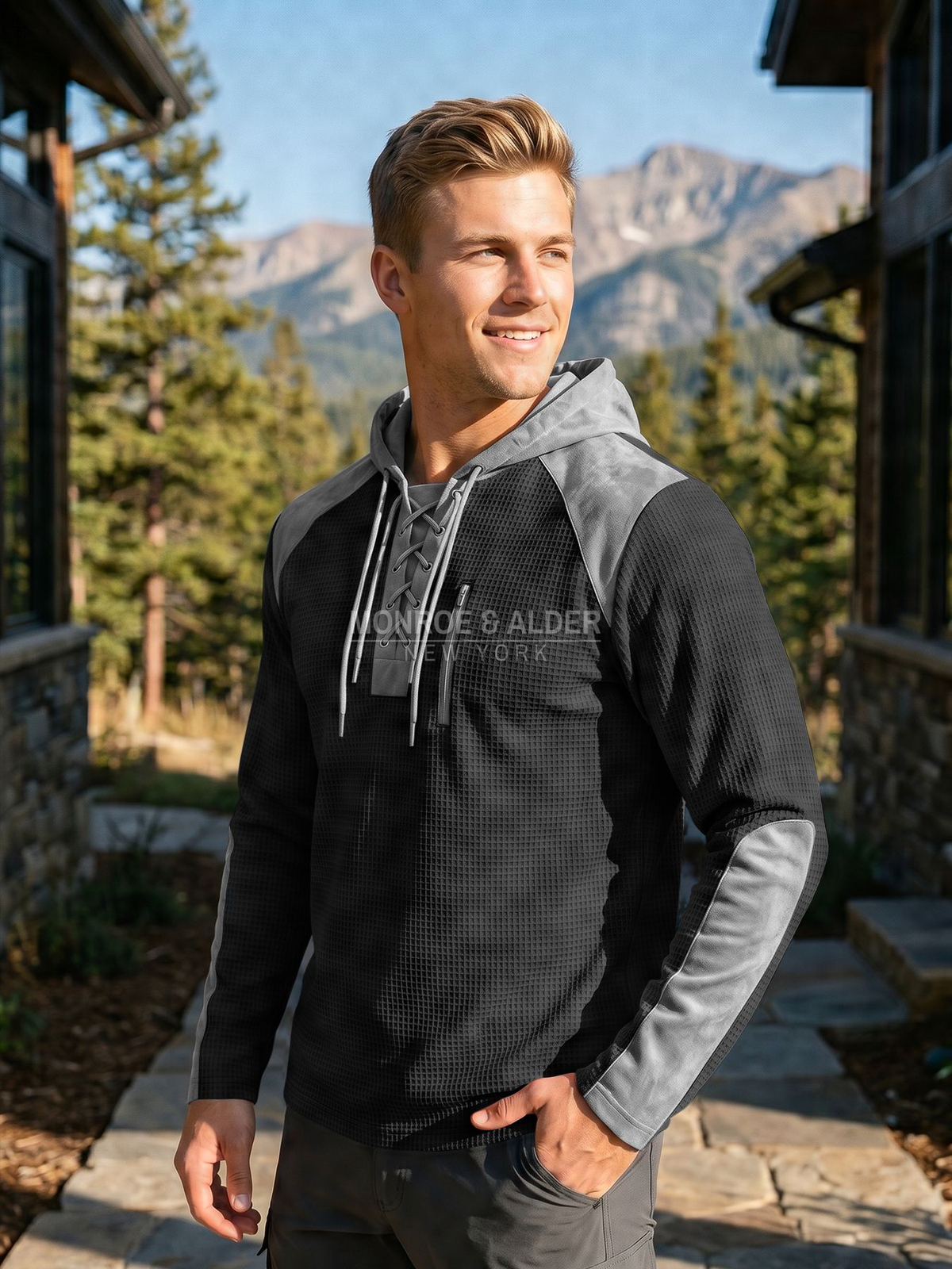 Holden lace-up patchwork hoodie in black, front view