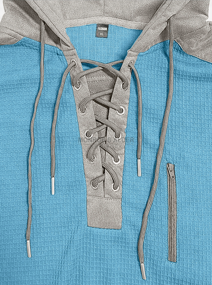 Lace-up placket and drawcord hood up close