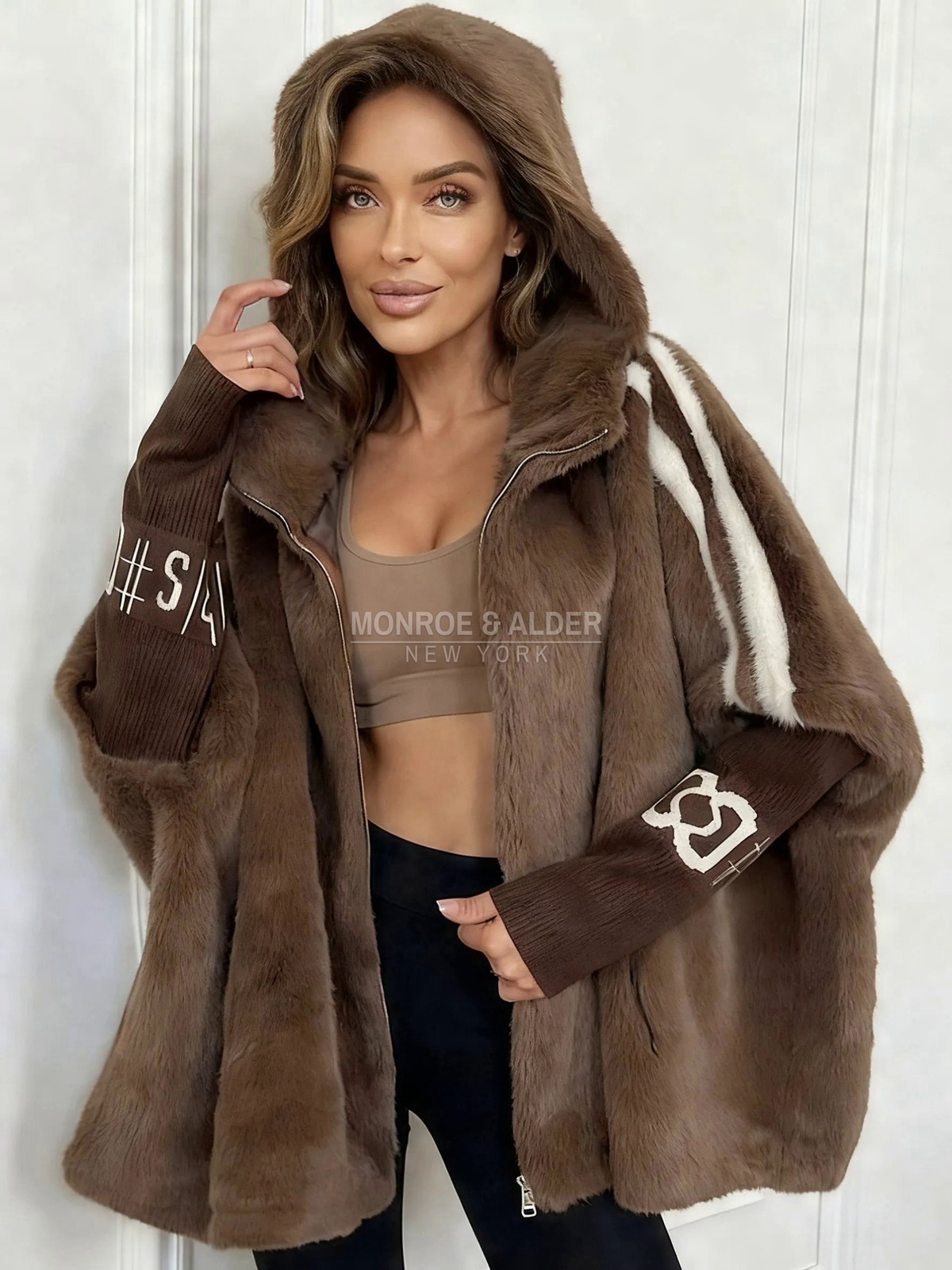 Inez hooded faux fur winter jacket in brown, front view