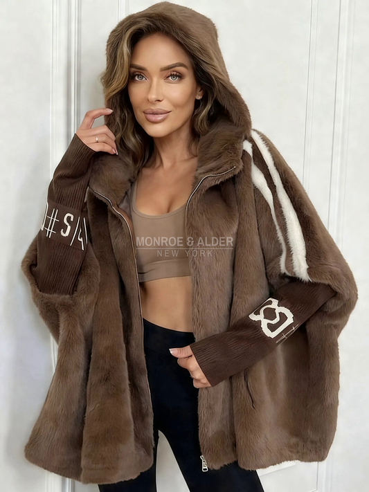 Inez hooded faux fur winter jacket in brown, front view