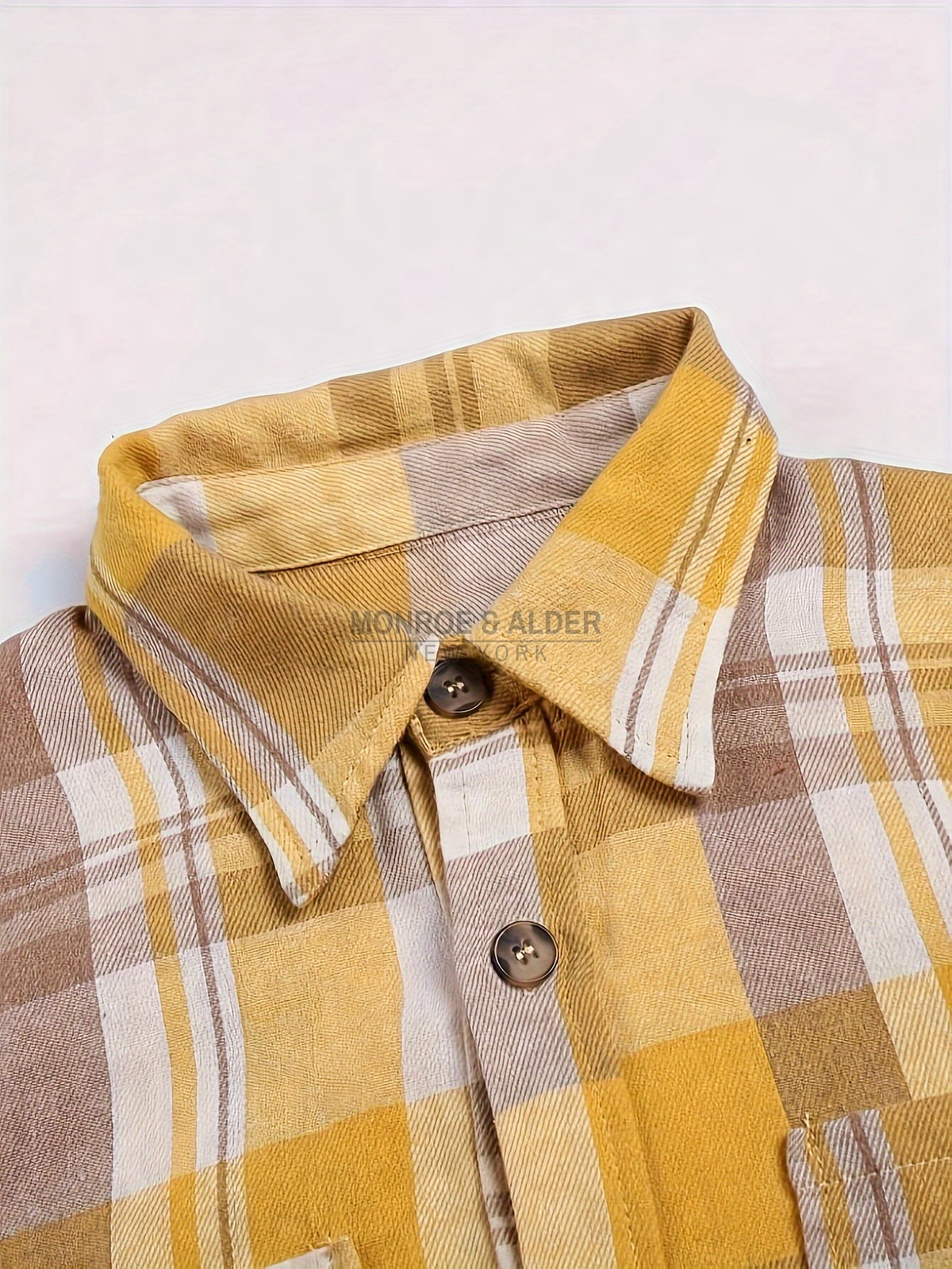 Turn-down collar and button placket in Yellow plaid