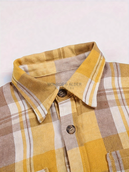 Turn-down collar and button placket in Yellow plaid