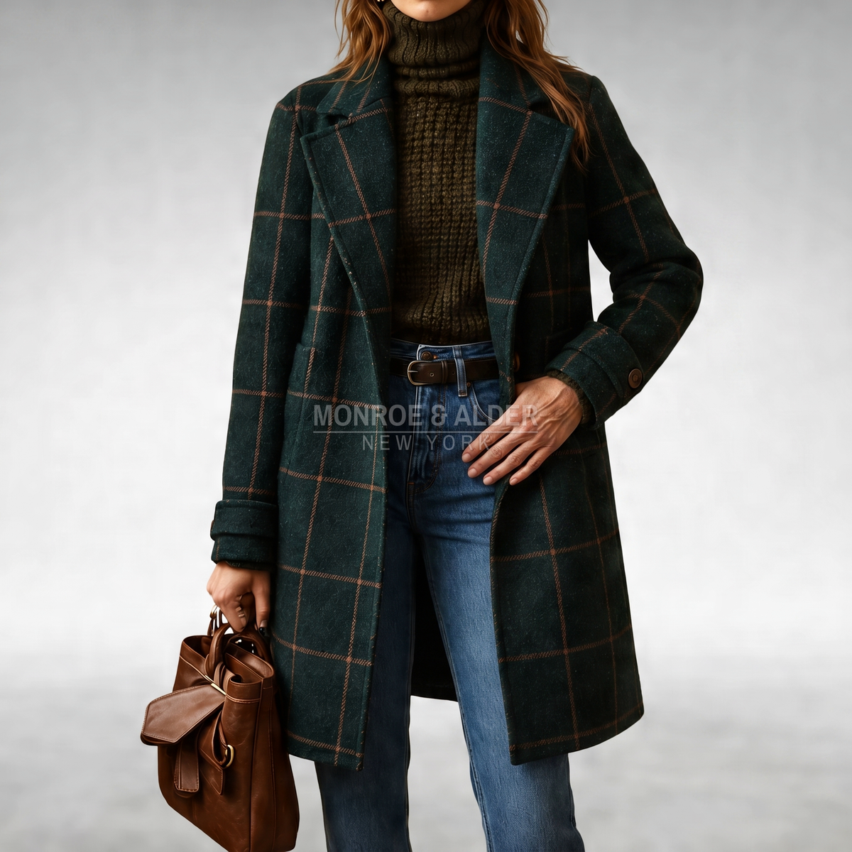 Joan checkered coat in dark green, front view