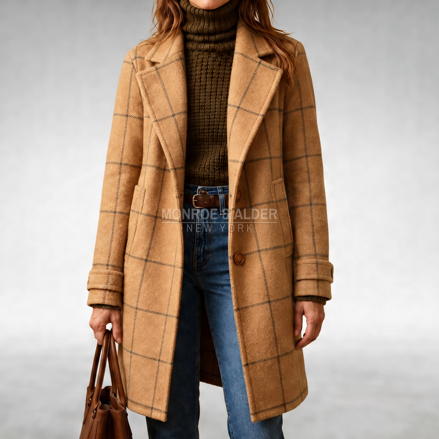 Joan checkered coat in tan, front view