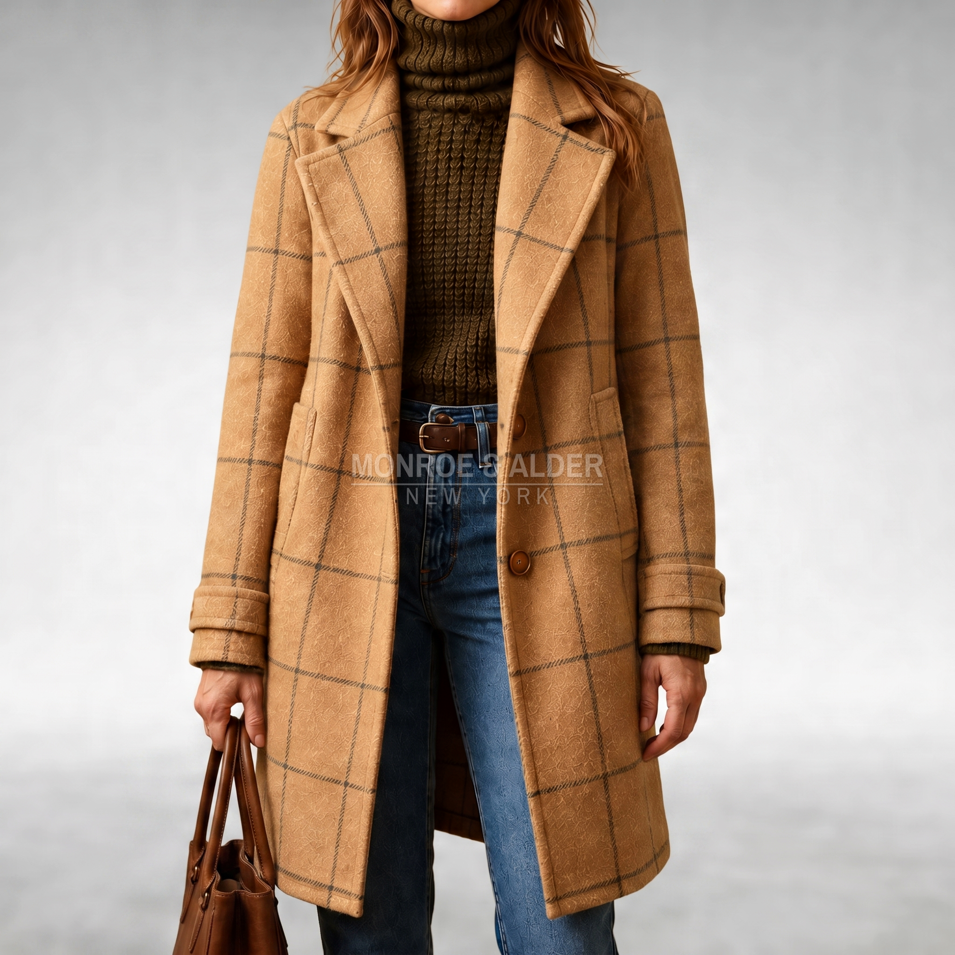 Joan checkered coat in tan, front view