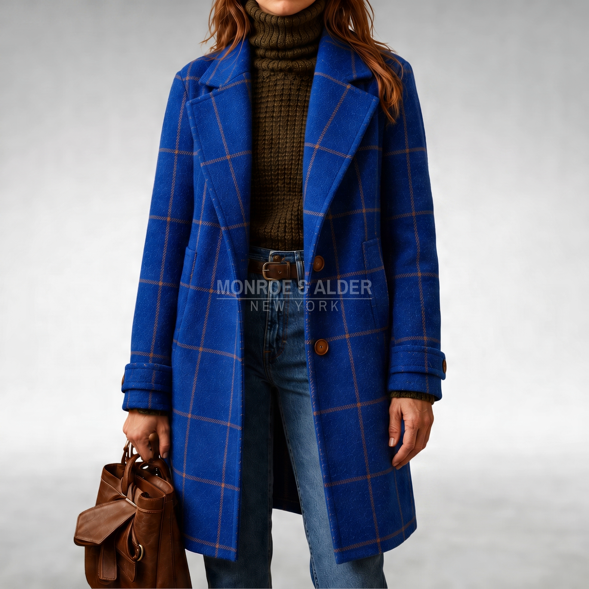 Joan checkered coat in royal blue, front view
