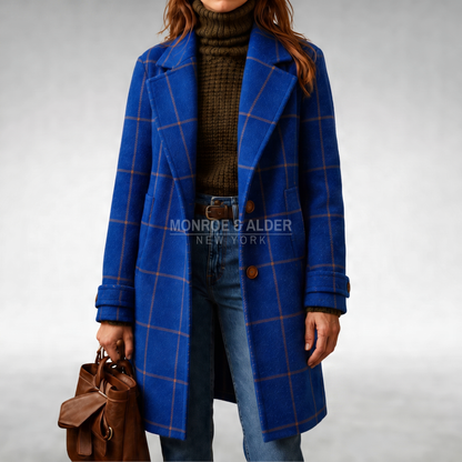 Joan checkered coat in royal blue, front view