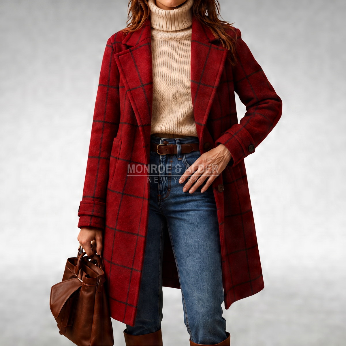 Joan checkered coat in burgundy, front view