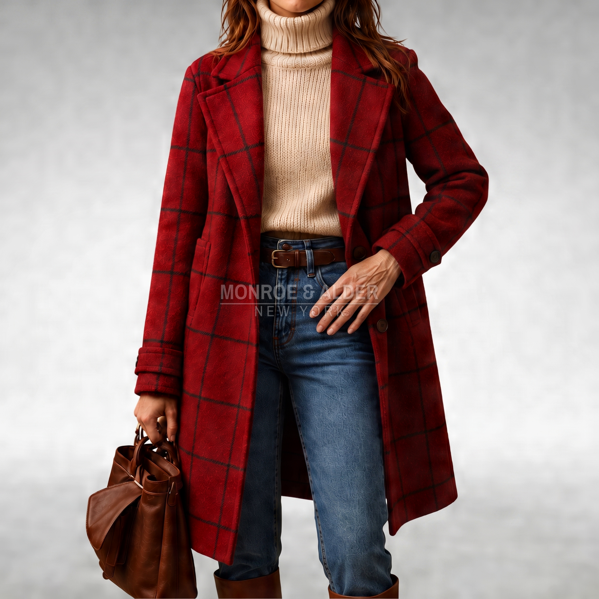 Joan checkered coat in burgundy, front view
