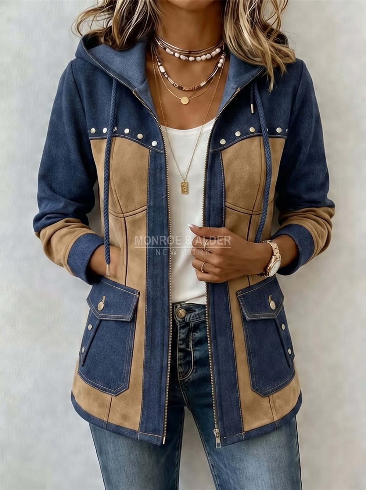 Jolene patchwork hooded jacket in Navy & Camel, front view