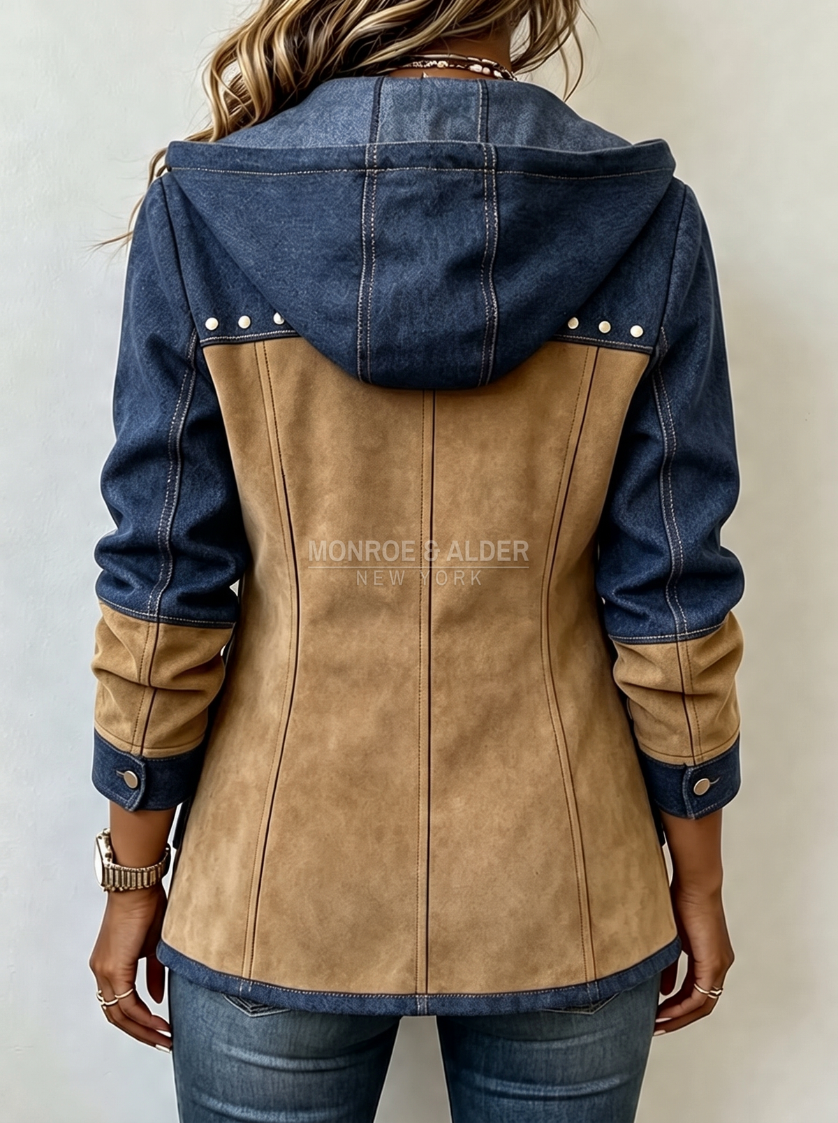 Jolene patchwork hooded jacket in Navy & Camel, back view with studded yoke and hood