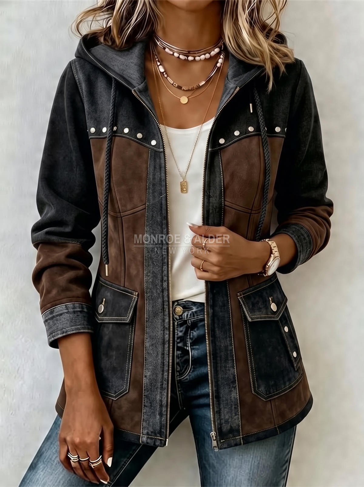 Jolene patchwork hooded jacket in Black & Brown, front view