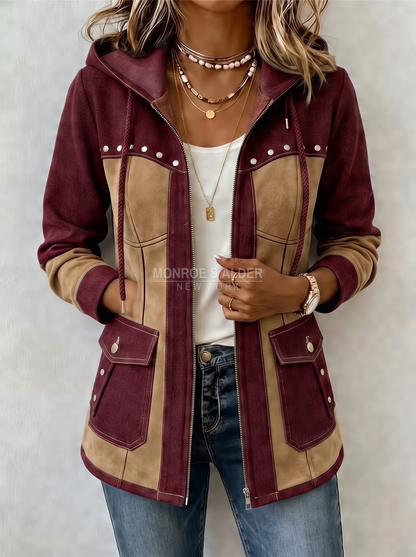 Jolene patchwork hooded jacket in Burgundy & Camel, front view
