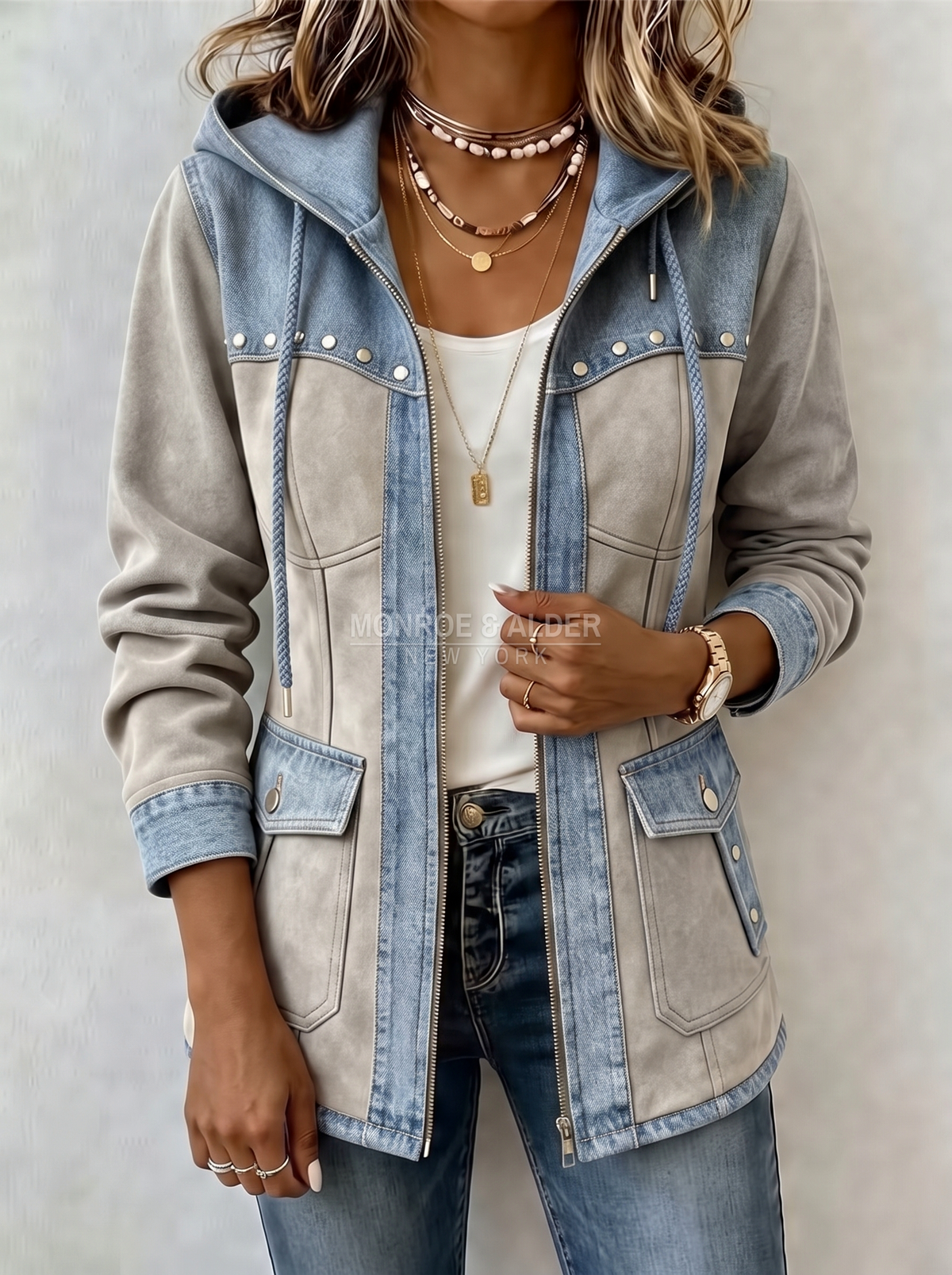 Jolene patchwork hooded jacket in Light Blue & Gray, front view