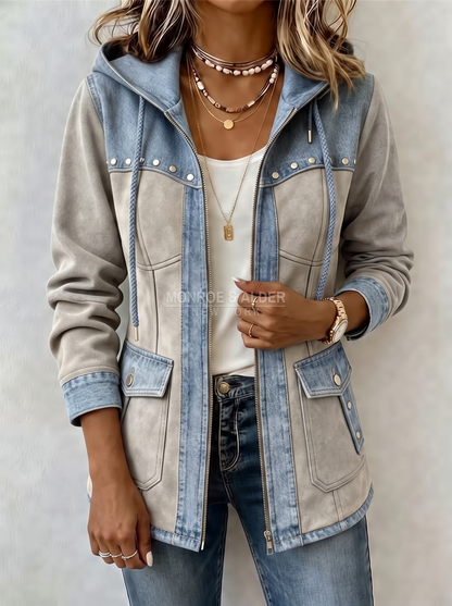 Jolene patchwork hooded jacket in Light Blue & Gray, front view