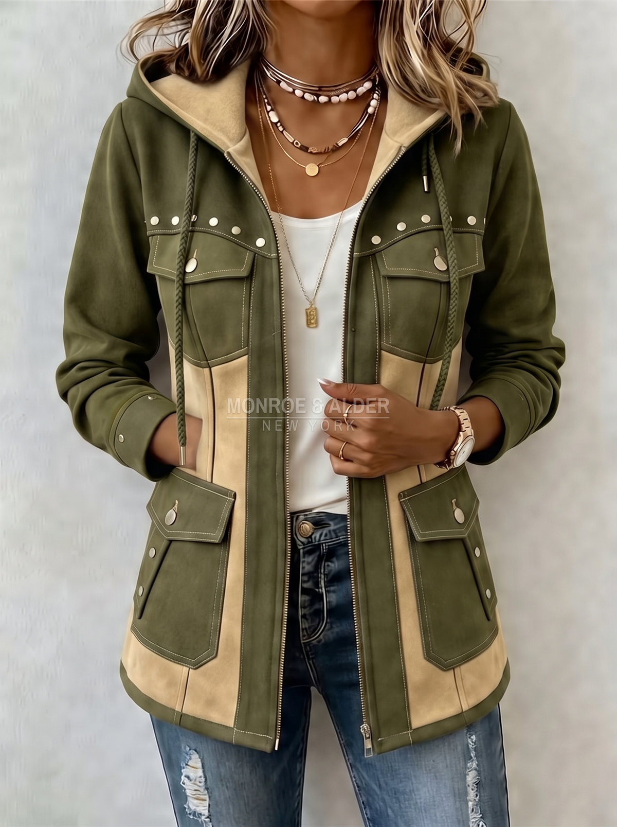 Jolene patchwork hooded jacket in Olive Green & Beige, front view