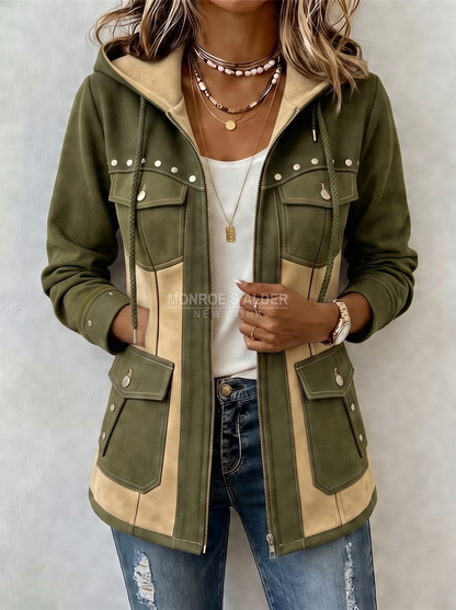 Jolene patchwork hooded jacket in Olive Green & Beige, front view
