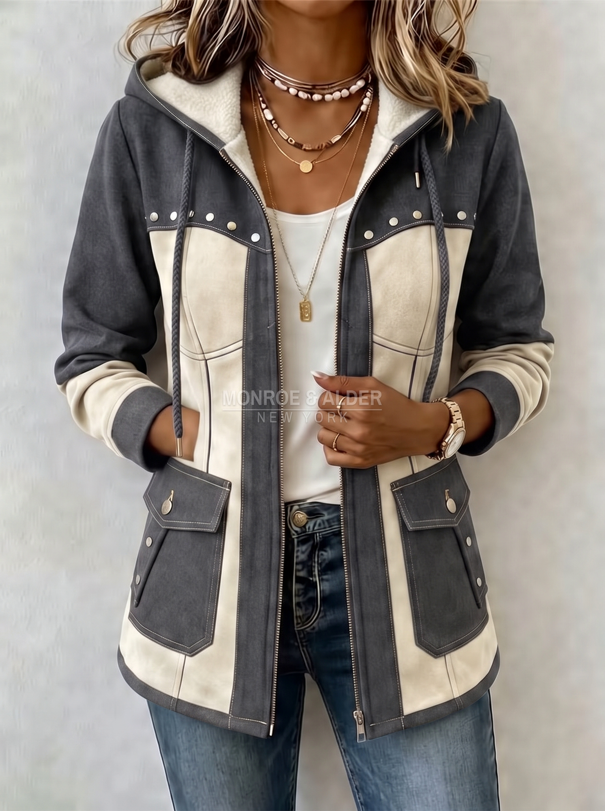 Jolene patchwork hooded jacket in Charcoal & Ivory, front view