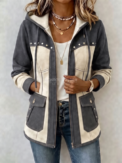 Jolene patchwork hooded jacket in Charcoal & Ivory, front view