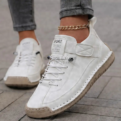 Lena comfort sneaker in White, worn with cropped jeans