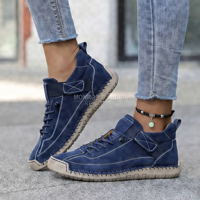 Lena comfort sneaker in Blue, worn with cropped jeans