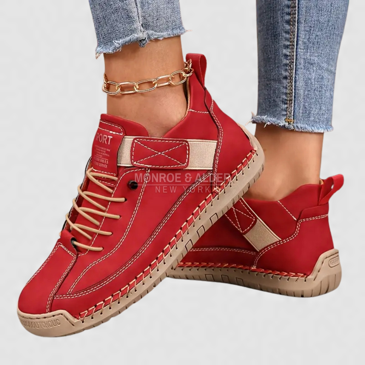 Lena comfort sneaker in Red, worn with cropped jeans